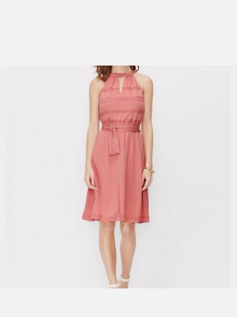 Ann Taylor Dusty Rose Crochet-Trim Midi Dress with Belt